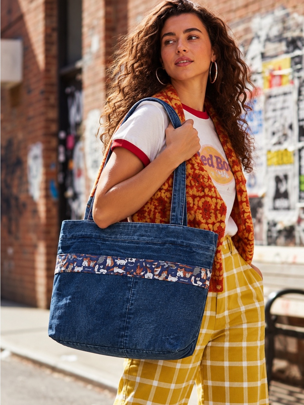 Handmade Upcycled Denim Cat Tote Bag Quirky Shoulder Bag